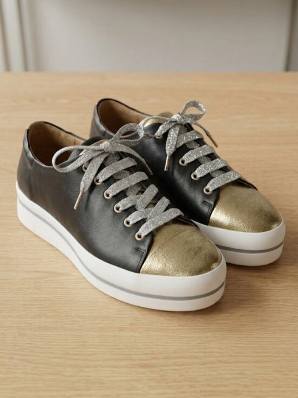 Ron White Platform Sneakers Black Leather Gold Metallic Toe Ribbon Laces 10